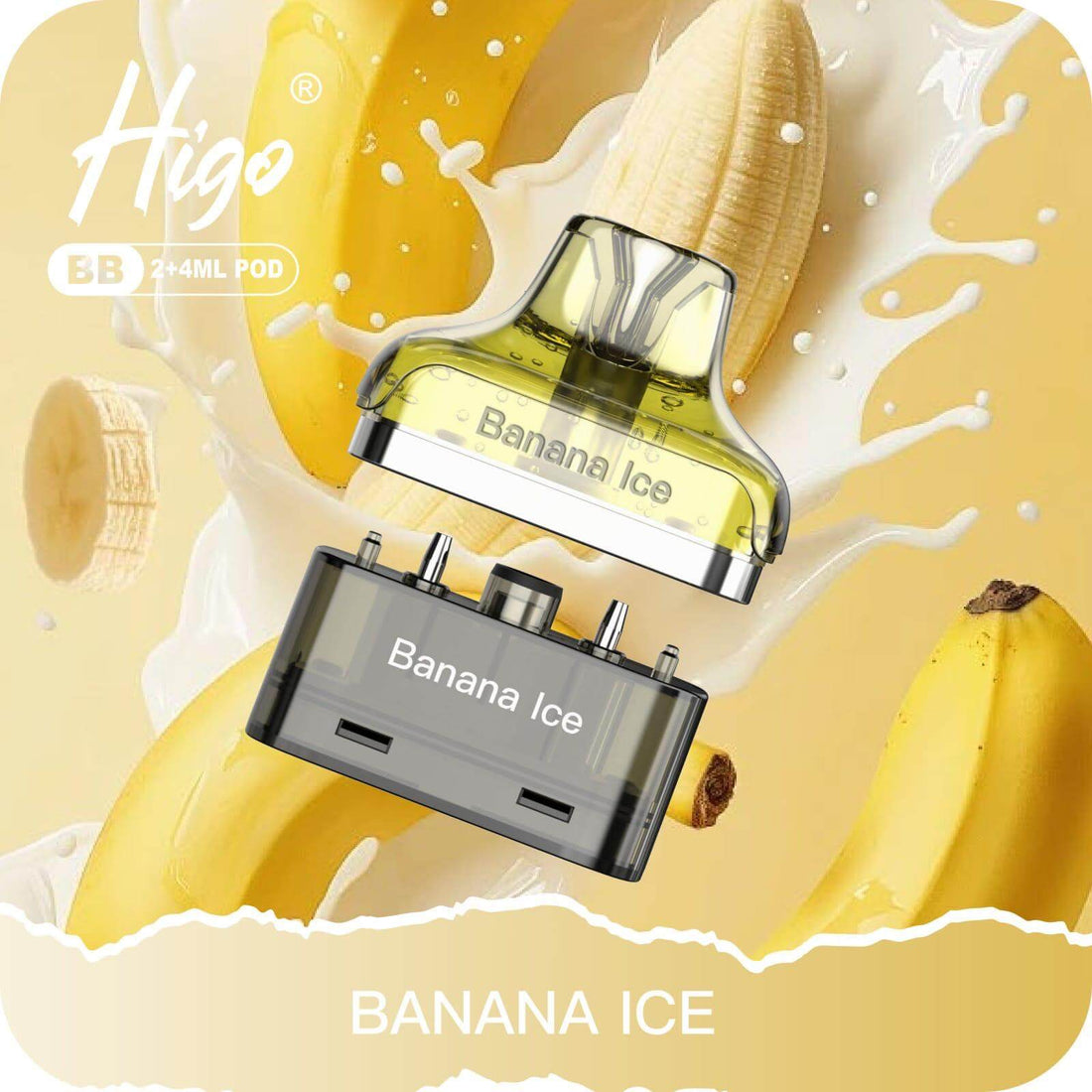 A vibrant image featuring a "Banana Ice" vape pod above sliced bananas, surrounded by splashes of creamy liquid.