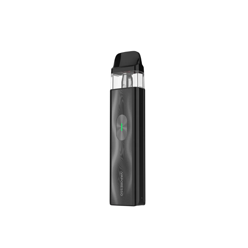 Sleek black vape device with a transparent top, featuring a green indicator light and the brand name "Vaporesso" on the side.