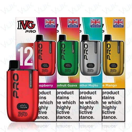 An array of IVG Pro vape devices in various flavors, accompanied by colorful packaging, highlighting British origin and nicotine warning labels.