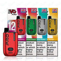 An array of IVG Pro vape devices in various flavors, accompanied by colorful packaging, highlighting British origin and nicotine warning labels.