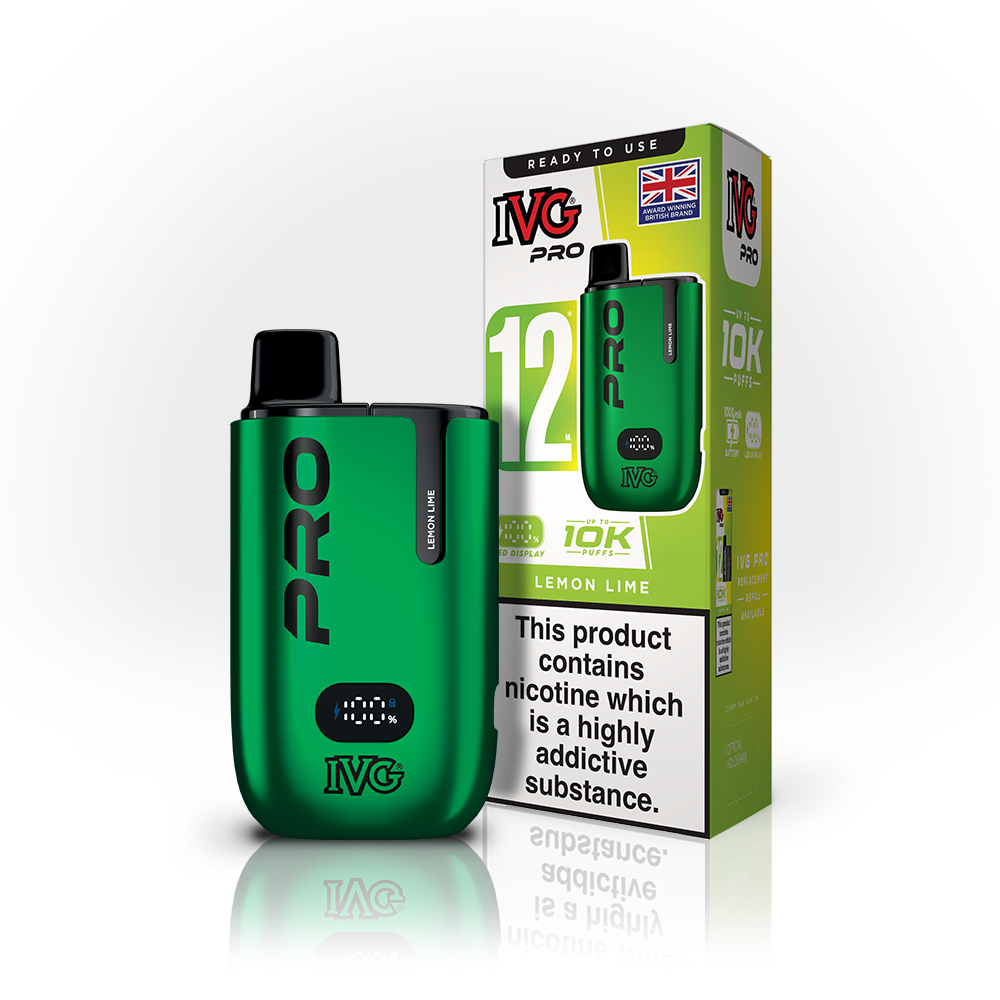 An array of IVG Pro vape devices in various flavors, accompanied by colorful packaging, highlighting British origin and nicotine warning labels.